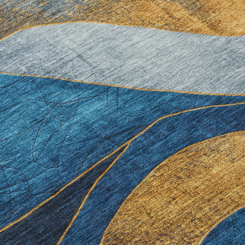 Tapis bleu intérieur / extérieur lavable à la machine Xhevrie, Rectangle 5 pi x 7 pi 6 po