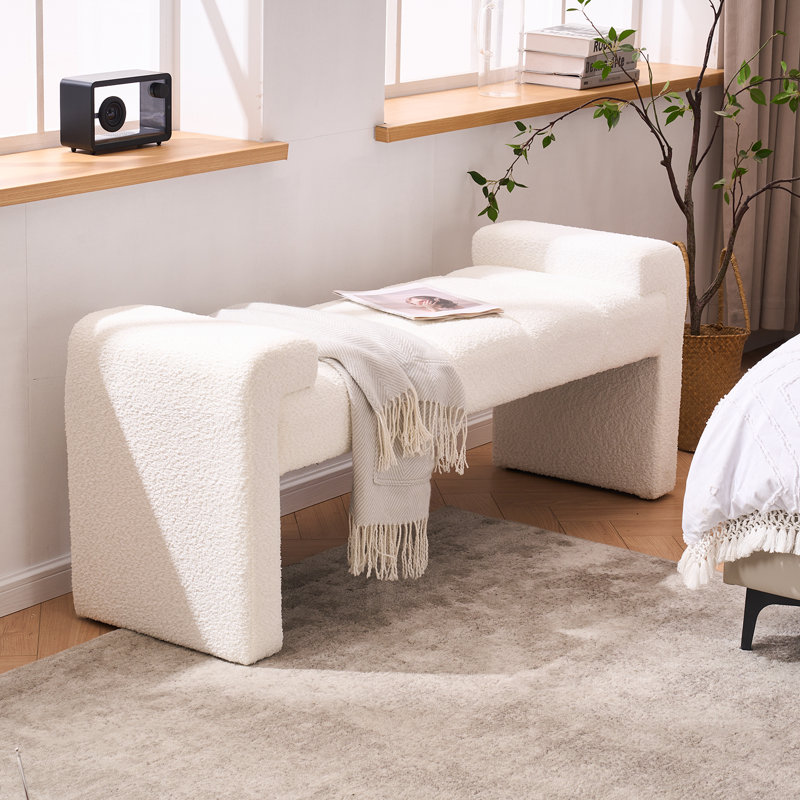 Laytona 60" Boucle Upholstered Channel Tufted Bench with Arm, Ivory