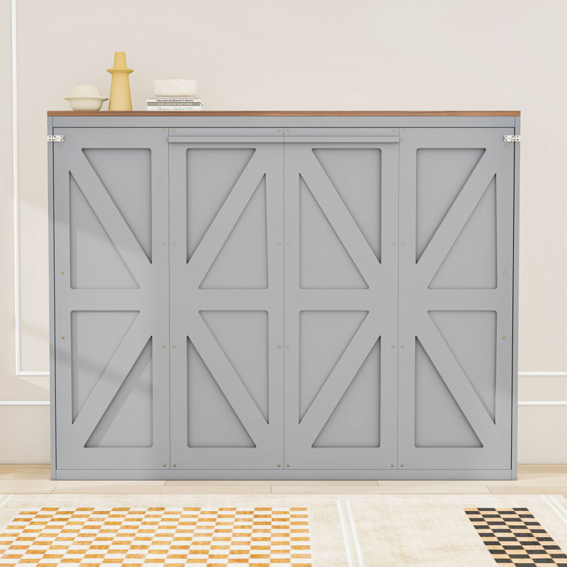 Grand lit escamotable mural en bois avec port USB et lattes, Gris