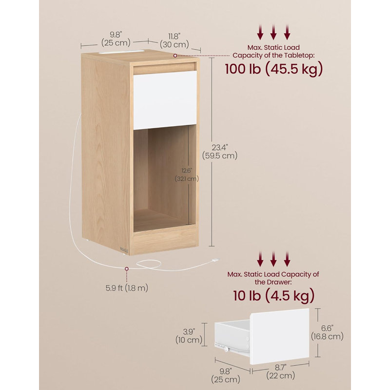 25cm W Particle Board Bedside Table, Brown