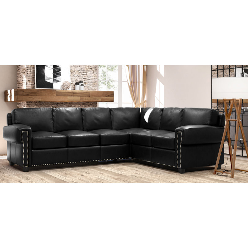 Fardin Upholstered L-Shaped Sectional, Left Facing, Black Genuine Leather