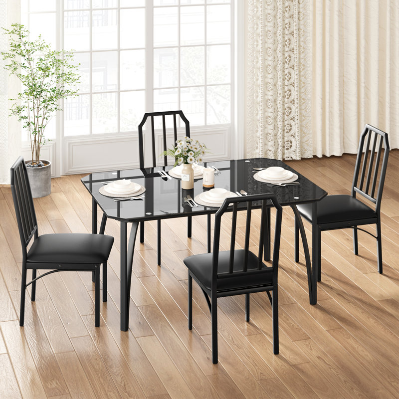 Ensemble de salle à manger moderne 5 pièces en verre pour 4 personnes – Plateau à bords biseautés et chaises rembourrées – Mobilier gain de place pour la cuisine et la salle à manger – Maison, appartement, coin repas – Ensemble 1+4
