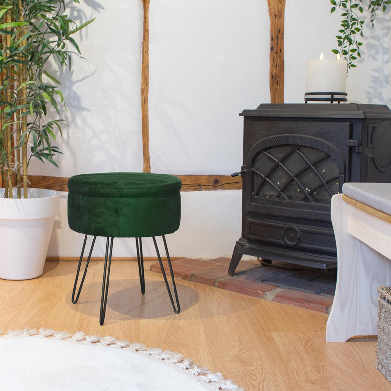 Harbour Housewares Round Velvet Storage Footstools - Pack of 2, Green, Black