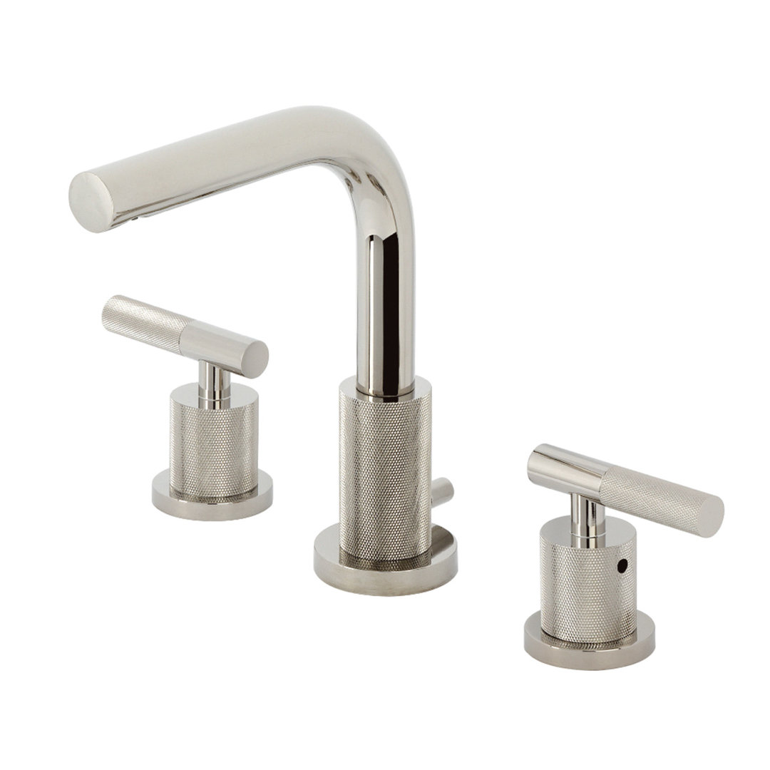 Kingston Brass Convergent Two-Handle 3-Hole Deck Mount Widespread Bathroom Faucet with Knurled Handle and Brass Pop-Up Drain Kingston Brass 