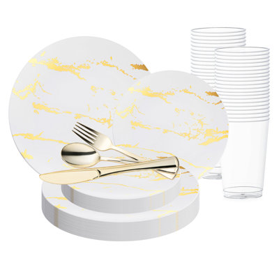 Ensemble de 60 assiettes rondes jetables en plastique blanc à motif marbré doré, idéales pour les mariages.