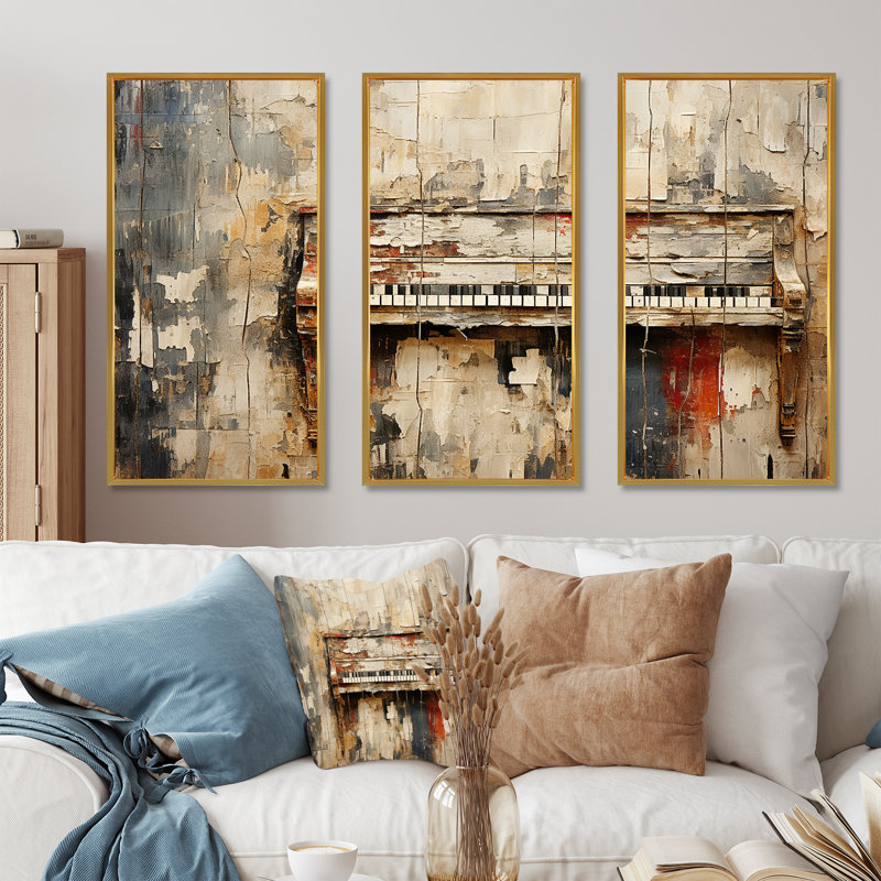 Rustic Brown Piano Melody I - Piano, art mural, H 40 po x l 60 po, Cadre flottant doré