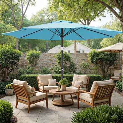 9 Ft Market Patio Umbrella, Octagonal, with Push-Button Tilt and Crank—Lake Blue