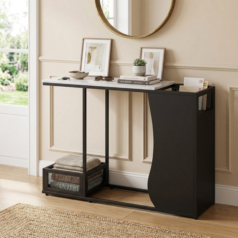 Console de 43,5 pouces avec plateau en faux marbre et espace de présentation dédié aux plantes pour le couloir du vestibule