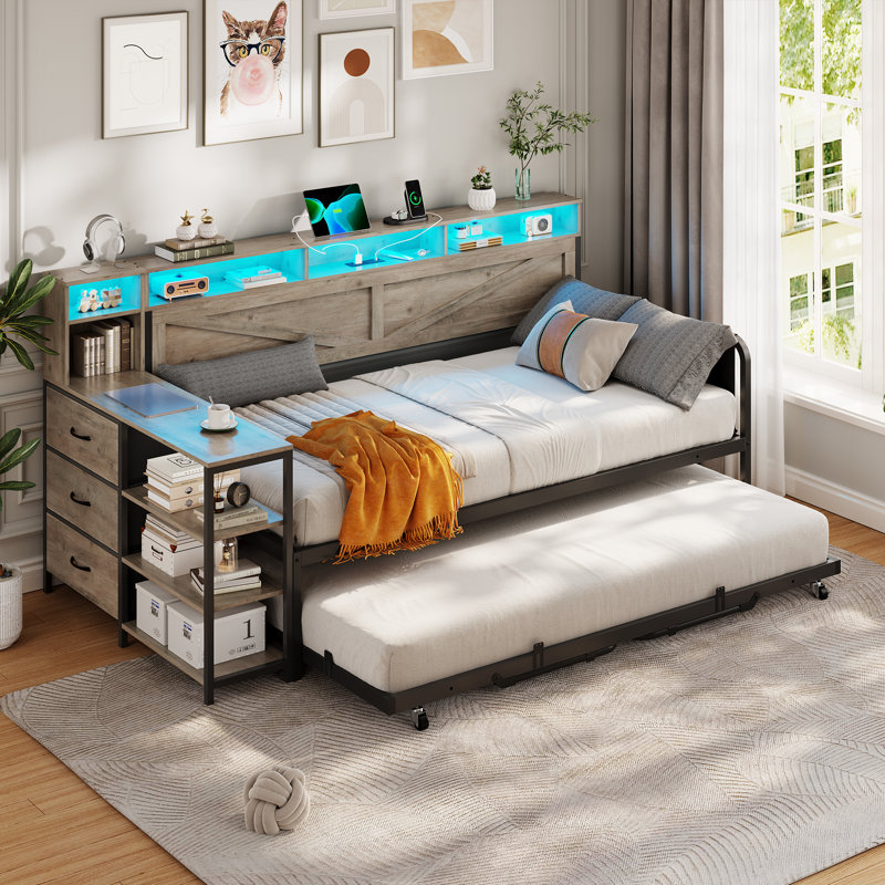 Daybed Twin with Pop Up Trundle, Farmhouse Wooden Day Bed Frame with 3 Storage Drawers and Shelves, Twin Daybed with Charging Station and LED Lights for Bedroom, Guest Room