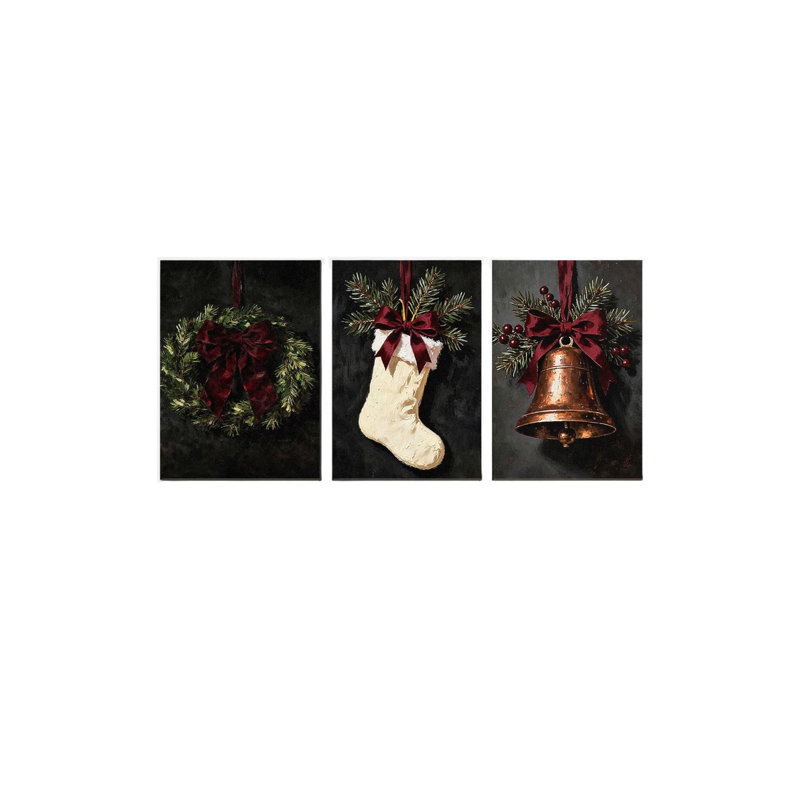 Ensemble de 3 clochettes rétro vintage en forme de couronne de Noël, rouge foncé, 16 x 24