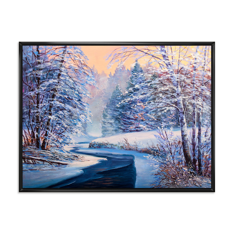 Forêt de Noël pastel avec rivière - peinture sur toile, H 30 po x l 40 po x 1,5 po, Cadre flottant noir