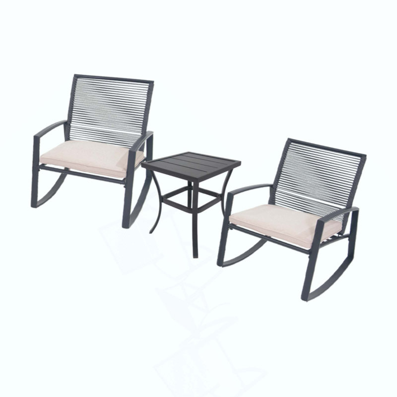 2-Person Outdoor Patio Bistro Metal Rocking Conversation Set With Table, Beige