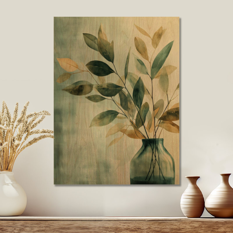Feuilles dorées dans un vase en verre I - Impression d'art mural botanique en bois vert, H 24 po x l 18 po, Rectangulaire