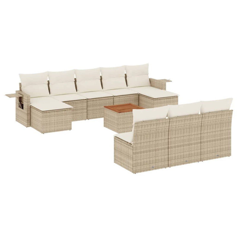  Ensemble de canapé de jardin en rotin de polyester beige, acier thermolaqué, bois d'acacia, Beige, Blanc, crème