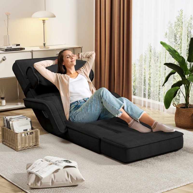 Floor Chair Adjustable Folding Lazy Accent Chairs Bed With Armrests, Black