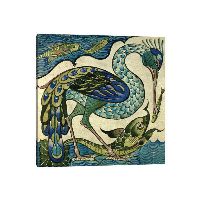 Carrelage héron et poisson - Estampe numérique sur toile tendue avec châssis, H 12 po x l 12 po