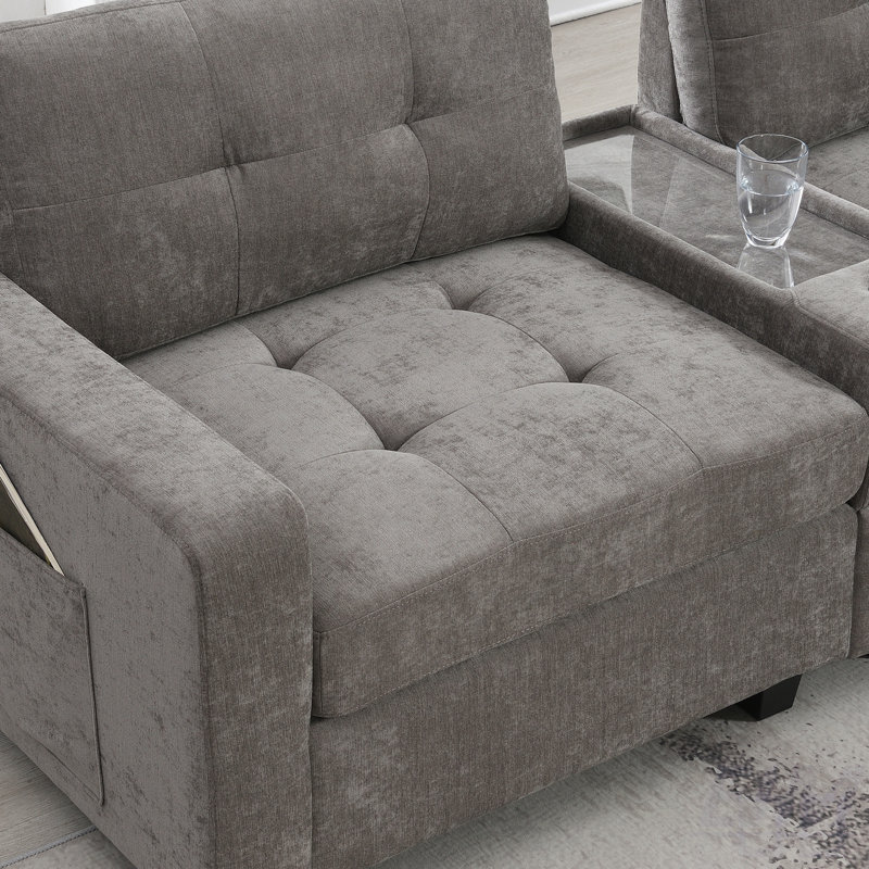 104" Chenille Tufted Upholstered Sectional with a Movable Ottoman and 2 Multifunctional Consoles, Dark Gray