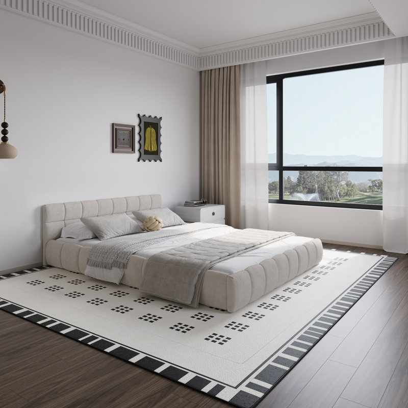 Low Profile Grounded Chenille Upholstered Platform Bed with Headboard, No Box Spring Needed, Beige, Queen