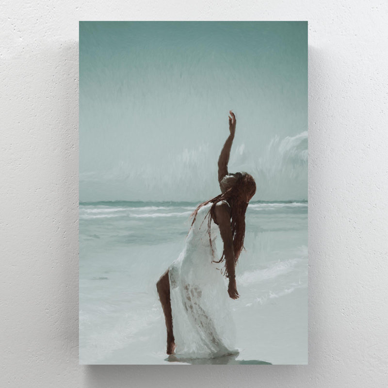 Femme en robe blanche debout sur la plage pendant la journée - Reproduction d'art graphique rectangulaire sur toile tendue 1 pièce
