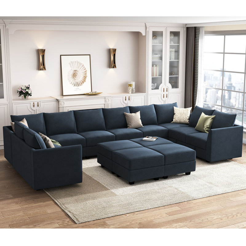 Canapé modulaire rembourré en velours avec repose-pieds Tremee, Velours bleu