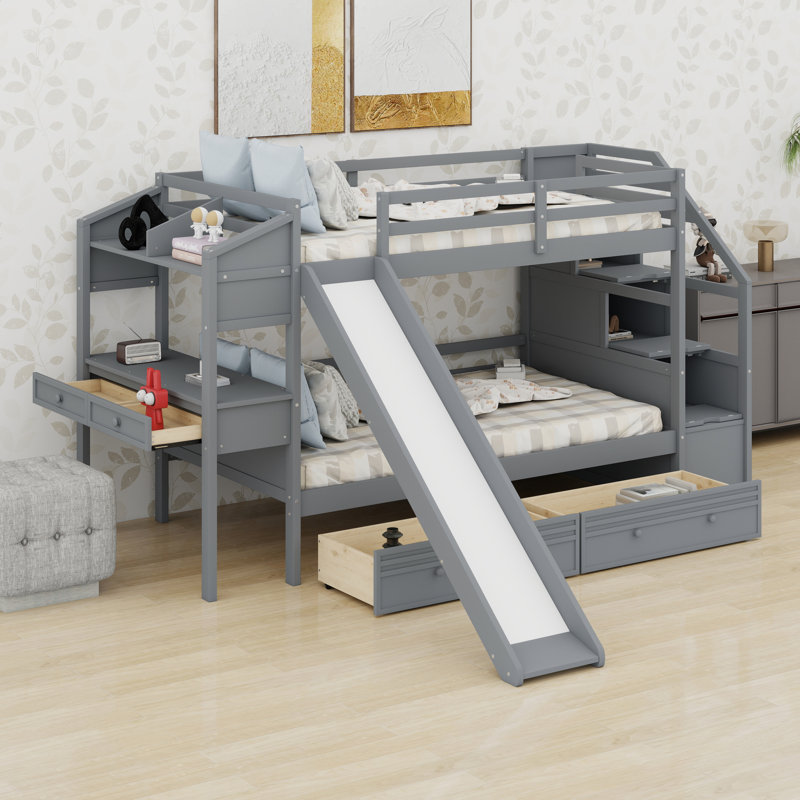Lit superposé avec escalier de rangement, bureau, glissade et tiroirs, Gris