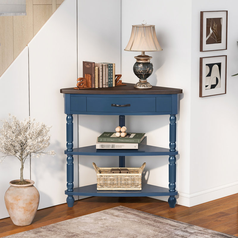 Petite table de coin triangulaire 33,8 po à 3 niveaux avec pieds en bois massif, plateau bleu marine, convient aux chambres et aux salons, surface imperméable, vis non visibles, chambres idéales, rapide