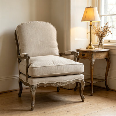 Formal Luxury Accent Chair Plush Cushion Seat And Back Carving Solid Wood Textured Fabric Upholstered Furniture 1Pc