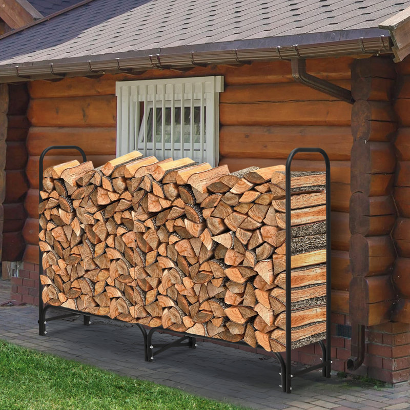 Black 7 ft Steel Firewood Rack with Waterproof Cover