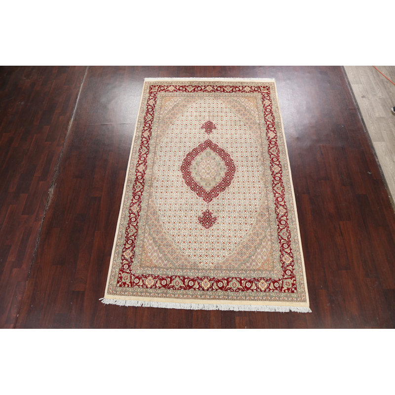 Tapis beige / ivoire / rouge en laine noué à la main de conception unique 6 pi 1 po x 9 pi 8 po