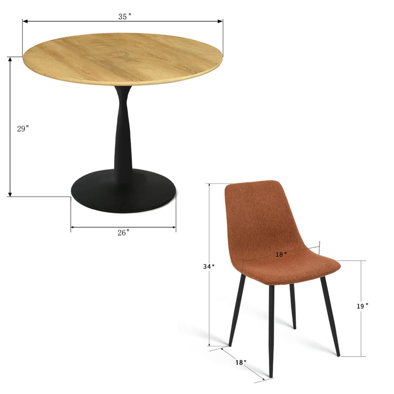 Bassey 4-Person Dining Set with 35" W Round Pedestal Table, Brown, Black