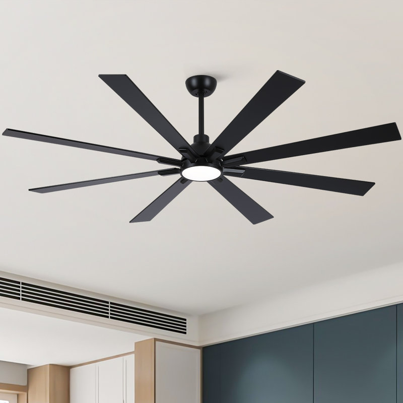 Modern 72" 8-Blade Windmill Indoor Matte Black Ceiling Fan With LED Lights, Remote Control and Quiet DC Motor, Black