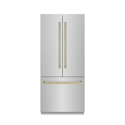 ZLINE Autograph Edition 36 in. 19.6 cu. ft. French Door Built-In Bottom Freezer Refrigerator with Water Dispenser and Ice Maker in Satin Stainless Steel with Graphite Grey Interior