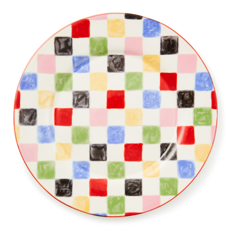 Check Round Platter, White/Green/Black