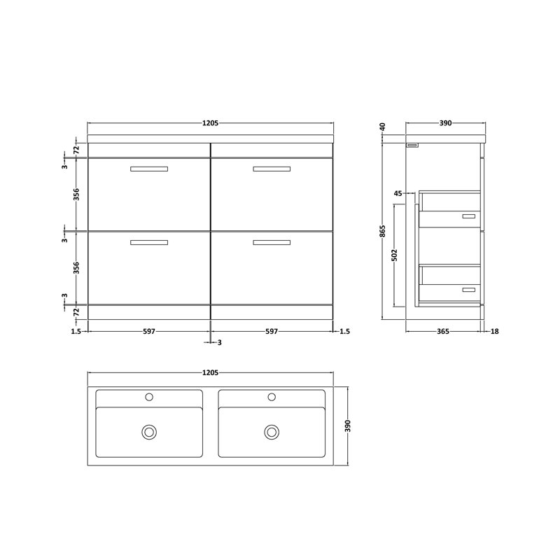 Athena 1208mm Double Bathroom Vanity with Integrated Vitreous China Basin, Gloss White