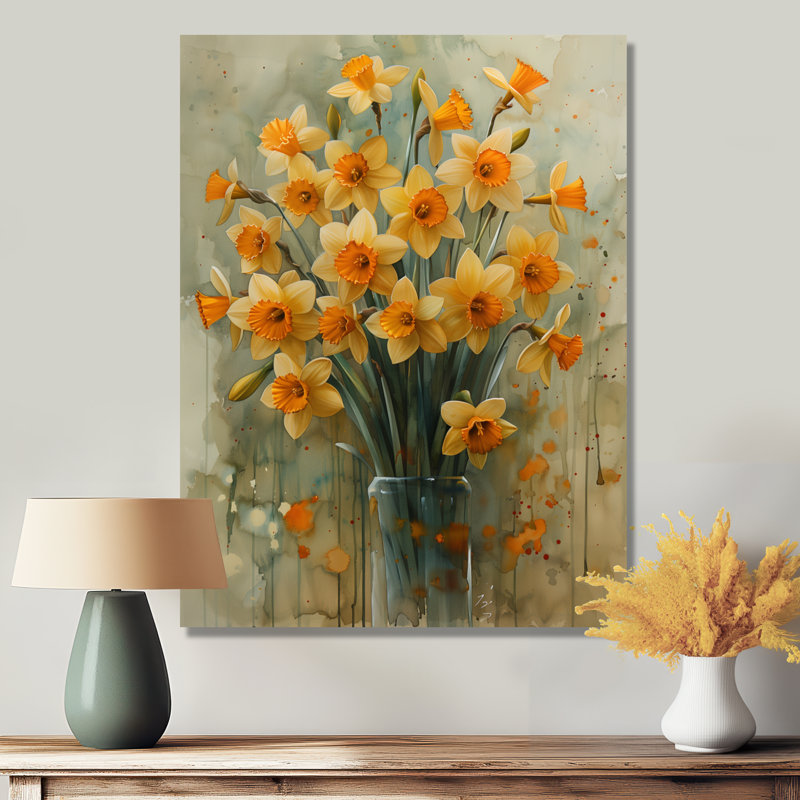 «Yellow Farmhouse Daffodils In Vase III» - jonquilles murales, Toile tendue, H 12 po x l 20 po