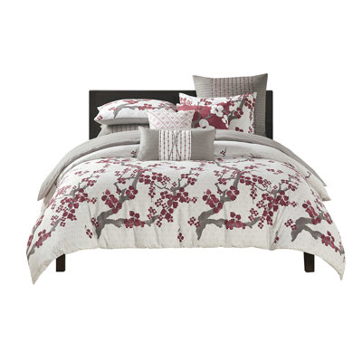 Queen Duvet Cover Mini - Cherry Blossom, Cotton , Floral Print, Mattress Compatibility Blossom Bedding 100% Cotton, Cover, Matching Shams, Washable, Easy Care