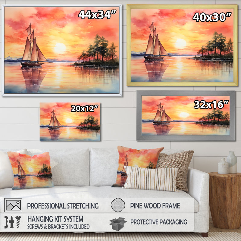 Couleurs pastel voilier coucher de soleil VI - bateau à voile, art mural, Cadre flottant doré, H 16 po x l 32 po x P 1 po