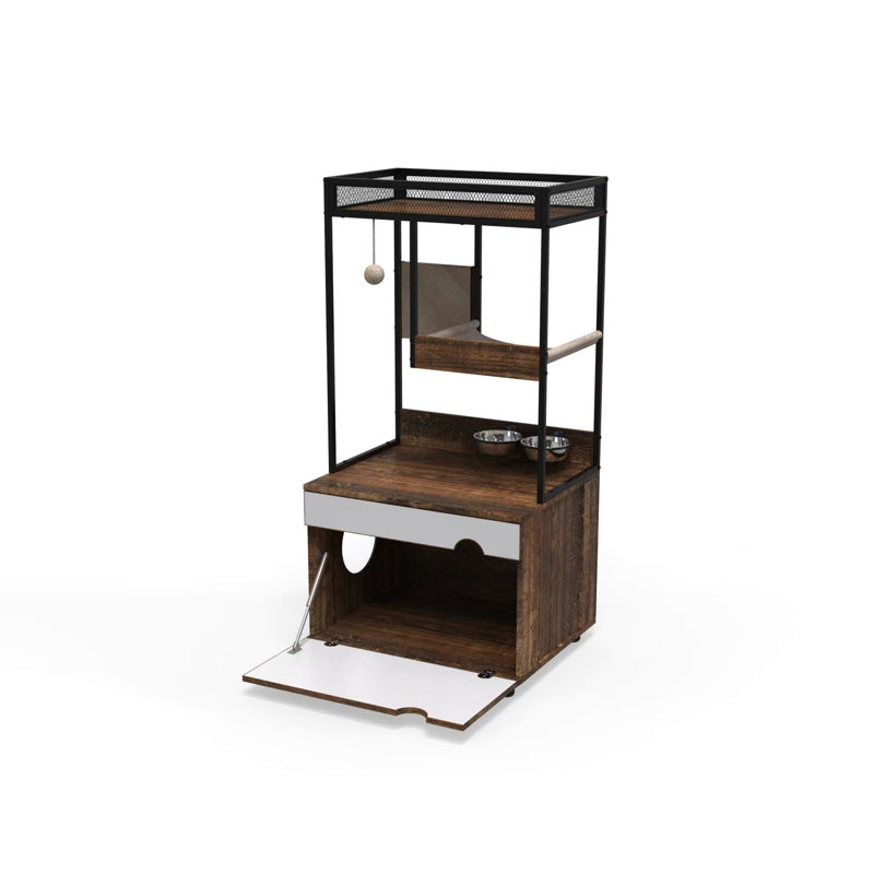Armoire à chat blanche rétro avec tour d'arbre - Meuble fonctionnel pour litière pour animal de compagnie