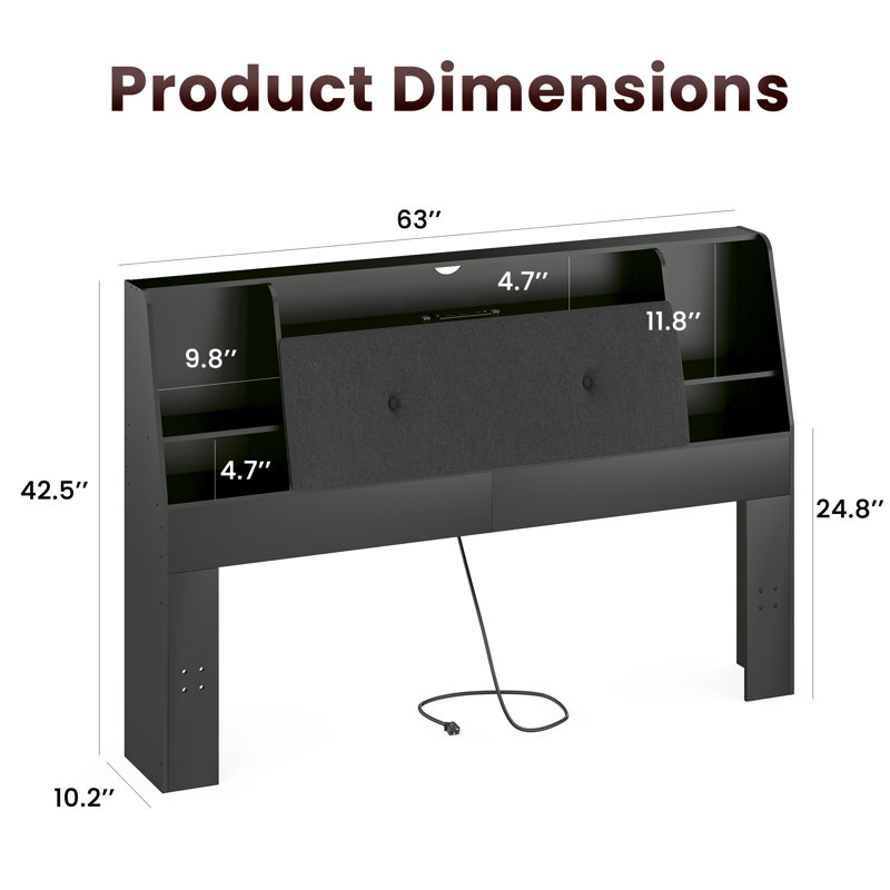 Bookcase Headboard with Charging Station & LED Lights, Upholstered Storage Headboard with Open Shelves, Black, Queen