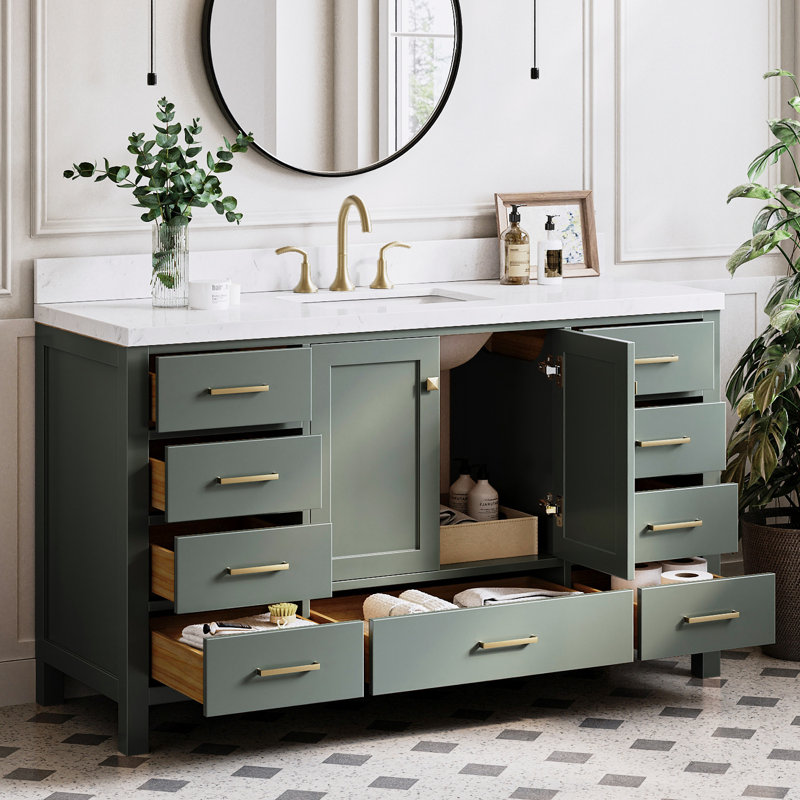 Ensemble de meuble-lavabo simple 60 po Grevera, Laiton satiné, Vintage Green