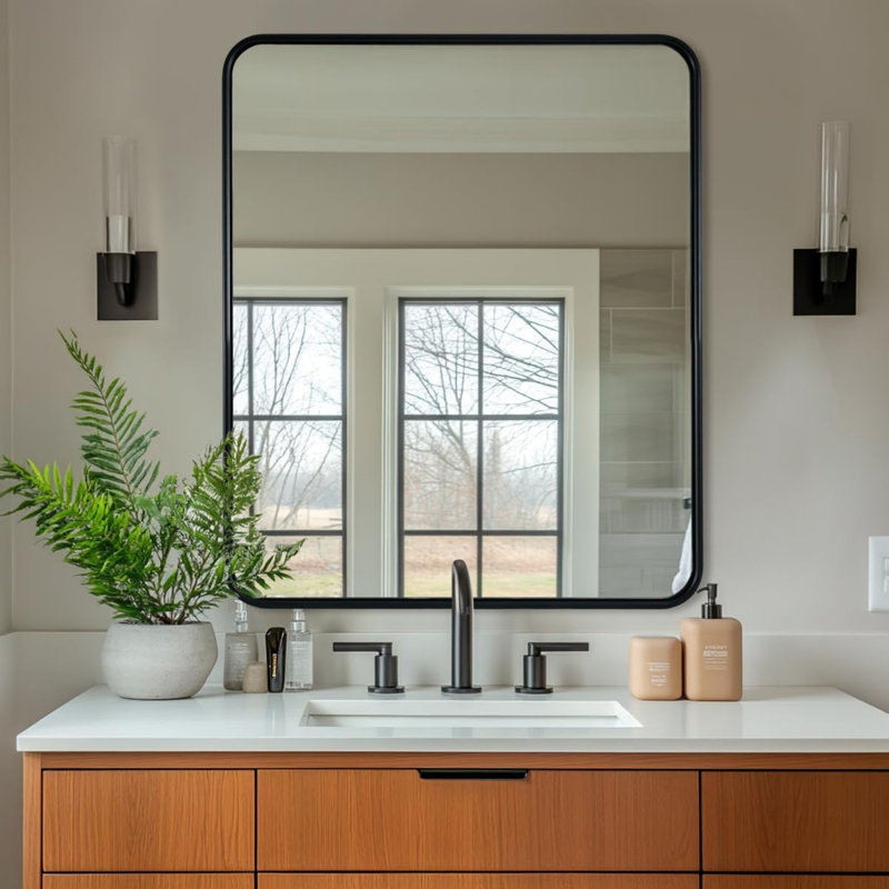 Miroir de salle de bain rectangulaire contemporain arrondi | Structure en U en aluminium, Noir mat, 36 po x 30 po