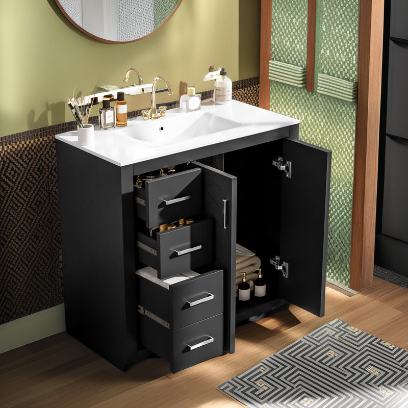 Meuble-lavabo 36 po avec lavabo en céramique, structure en bois massif, 3 tiroirs, portes à fermeture en douceur