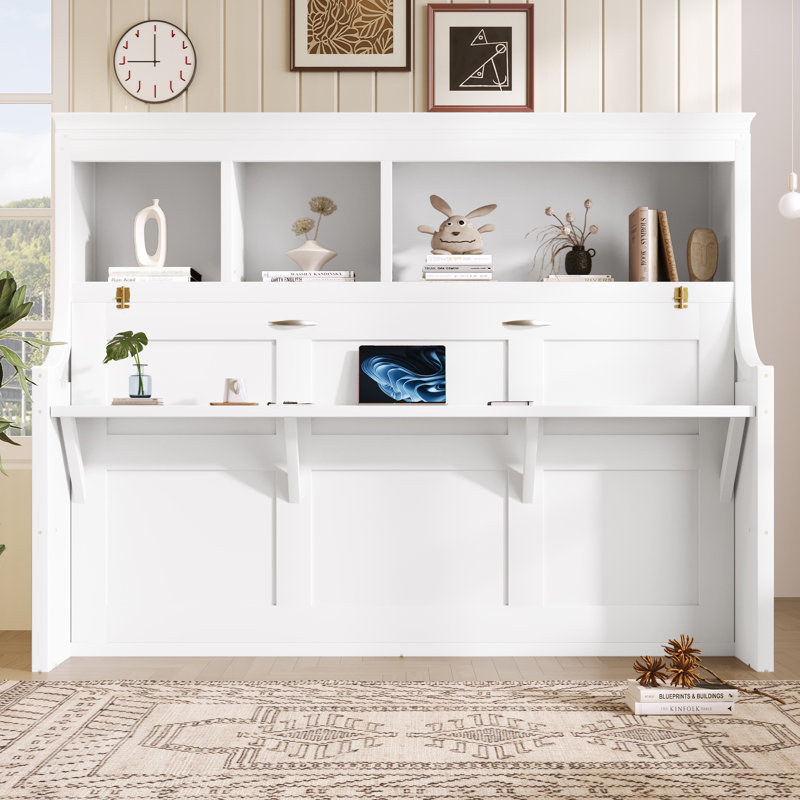 Lit escamotable simple avec bureau et tablettes de rangement, lit peu encombrant pour chambre d'amis ou bureau à domicile, aucun sommier requis