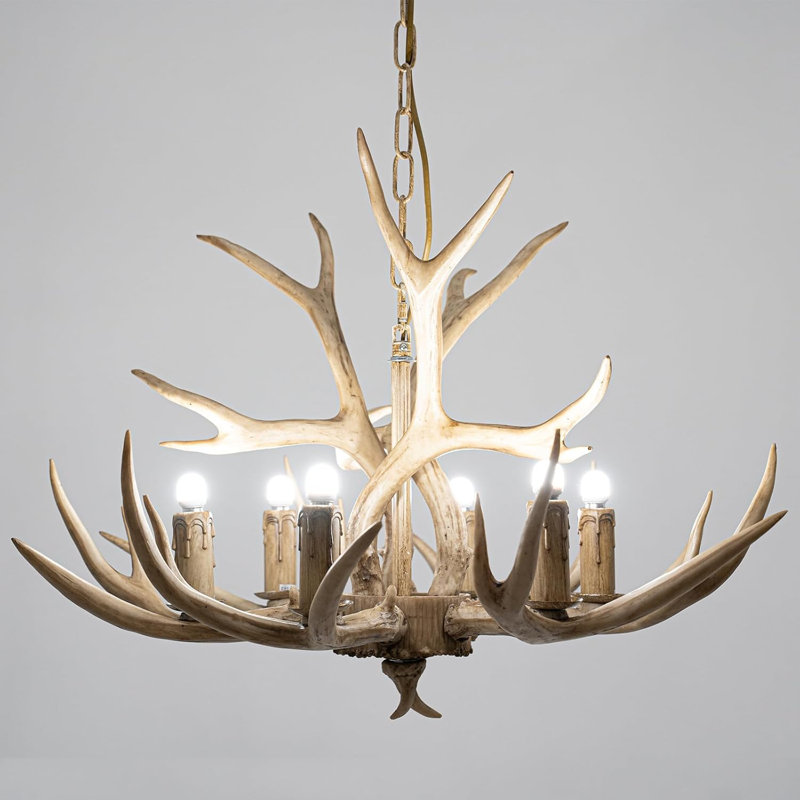Antlers Chandelier, Pendant Light 6 Antlers Retro Country Style Deer Horn Chandelier Lighting with E12 Base, Antler Lamp Height Adjustable for Cafes, Bars, Kitchen