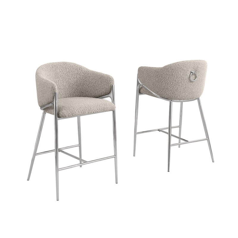 Tabourets de bar en tissu Teddy Boucle, Tabouret de comptoir (siège d'une hauteur de 26 p, Siège gris / cadre argenté