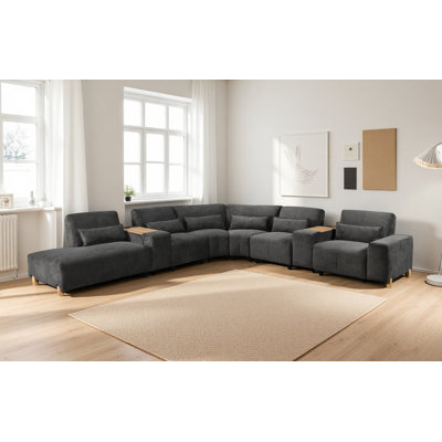 Lennon Modular Chenille L-Shape Sectional Sofa with Chaise, Foldable Console & Lumbar Pillows