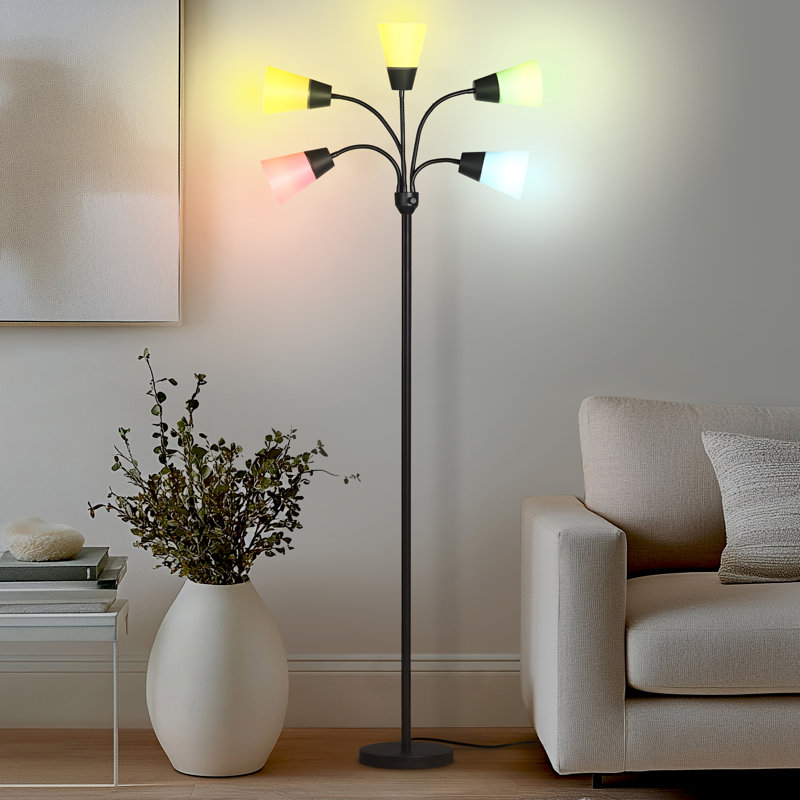 Medusa 78 in. Modern 5-Light Adjustable Gooseneck LED Floor Lamp with 5 Cone Shades, Black