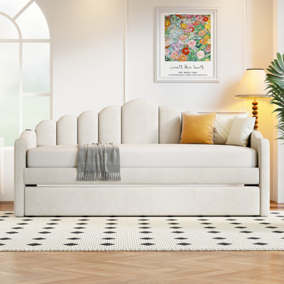 Lit de jour simple tapissier avec couchette, canapé-lit en velours avec ports de chargement USB, aucun sommier nécessaire, beige (ancien SKU: HL000067AAA)