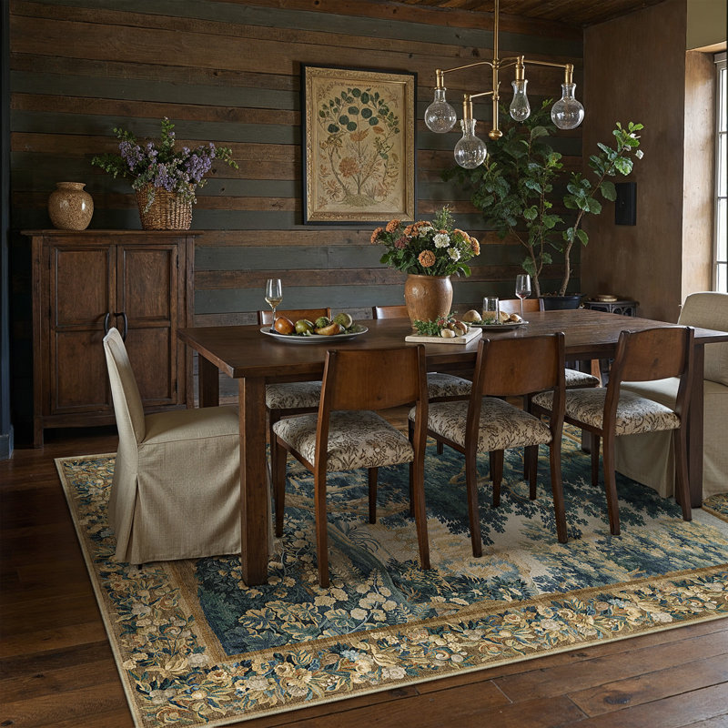 Rylee Landscape Floral Blue/Green/Brown Washable Area Rug With Non-Slip Backing, Rectangle 6' x 9'
