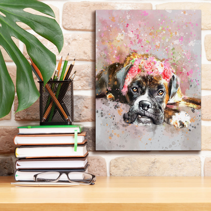 «Flower Crown Boxer» par Furbaby Affiliates, art mural sur toile, H 16 po x l 12 po x P 0,75 po